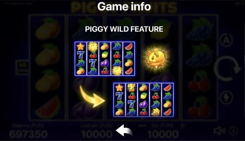 Piggy Fruits - სათამაშო ეკრანი 5x4 ბადით და ხილის სიმბოლოებით